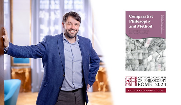 On the right, the image shows Ralph Weber. On the left, there is the cover of the book «Comparative Philosophy and Method: Contemporary Practices and Future Possibilities» as well as the logo of the XXV World Congress of Philosophy in Rome.