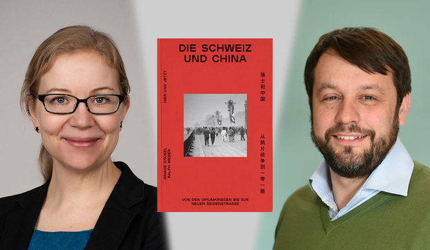 The image shows a photo of Ariane Knüsel (left) and a photo of Ralph Weber (right). In the middle, there is the cover of the book Die Schweiz und China.