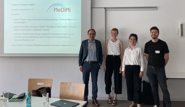 Barbara von Rütte (2nd from right) and further scholars, who presented as part of the panel «Reframing of Rights» at the conference «Human Rights in Migration Societies».