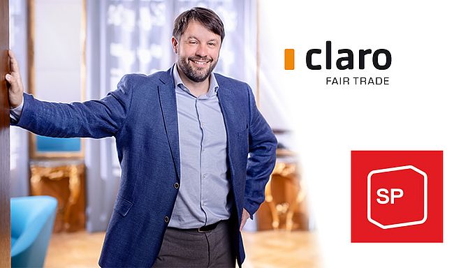 Foto: Raloh Weber, © Philippe Gétoz (links), Logo claro FAIR TRADE AG und Logo SP Schweiz (rechts).