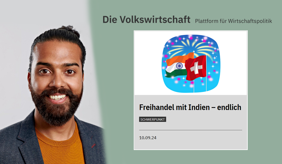 Shrey Kapoor (links). Digitales Cover der Schwerpunktausgabe «Freihandel mit Indien – endlich» (rechts).