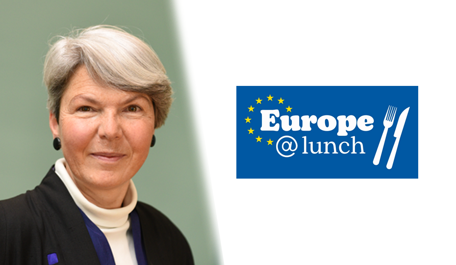 Christa Tobler (links). Logo von «Europe@lunch» (rechts).