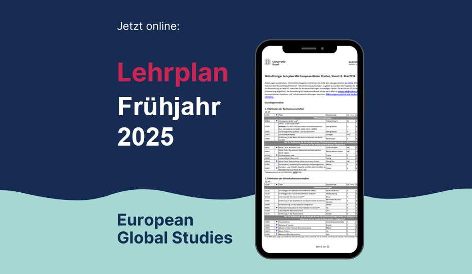 Text Lehrplan Frühjahr 2025 with a smartphone that shows a syllabus.